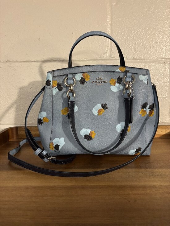 Coach Handbags - Coach Minetta Light Blue Navy Blue Floral 2 Way Leather Satchel Crossbody